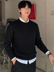 DAZY Sweater Pria Lengan Panjang Ketat Kerah Tinggi Warna Hitam Musim Gugur/Dingin - Hitam - View 8