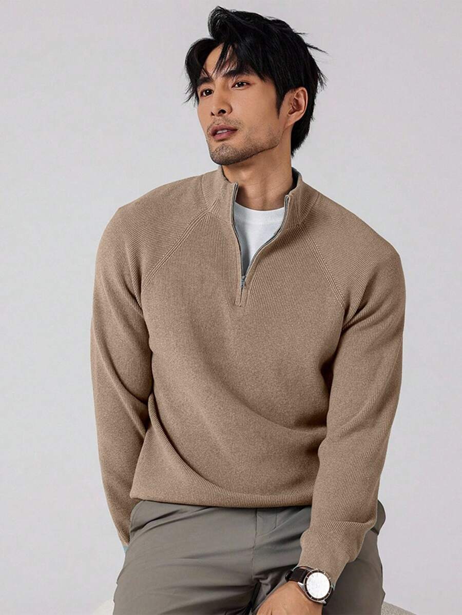 NEOSTRIT 男士復古極簡半拉鍊長袖針織衫 - 駝色 - 查看 1