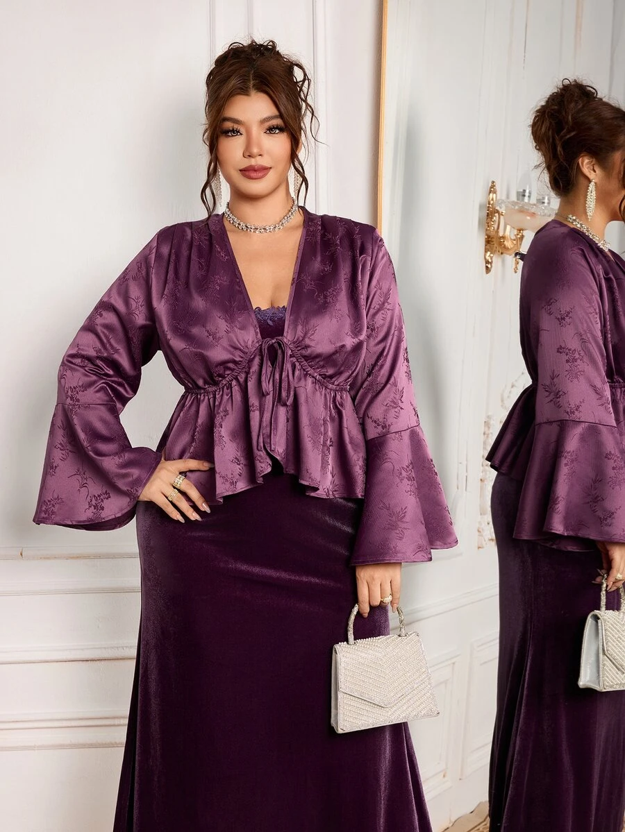 Modelyn Plus Size Women Solid Color Top And Camisole Dress Fashion 2 Pieces Set - Purple - View 1