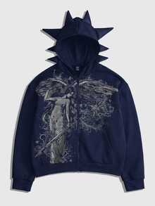 ROMWE MEN Men's Printed Pattern Antenna Loose Hooded Sweatshirt Streetwear - Royal Blue - View 6