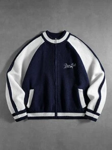 ROMWE MEN Men's Fashion Embroidered Zipper Contrast Color Long Sleeve Sweater - Blue and White - View 1