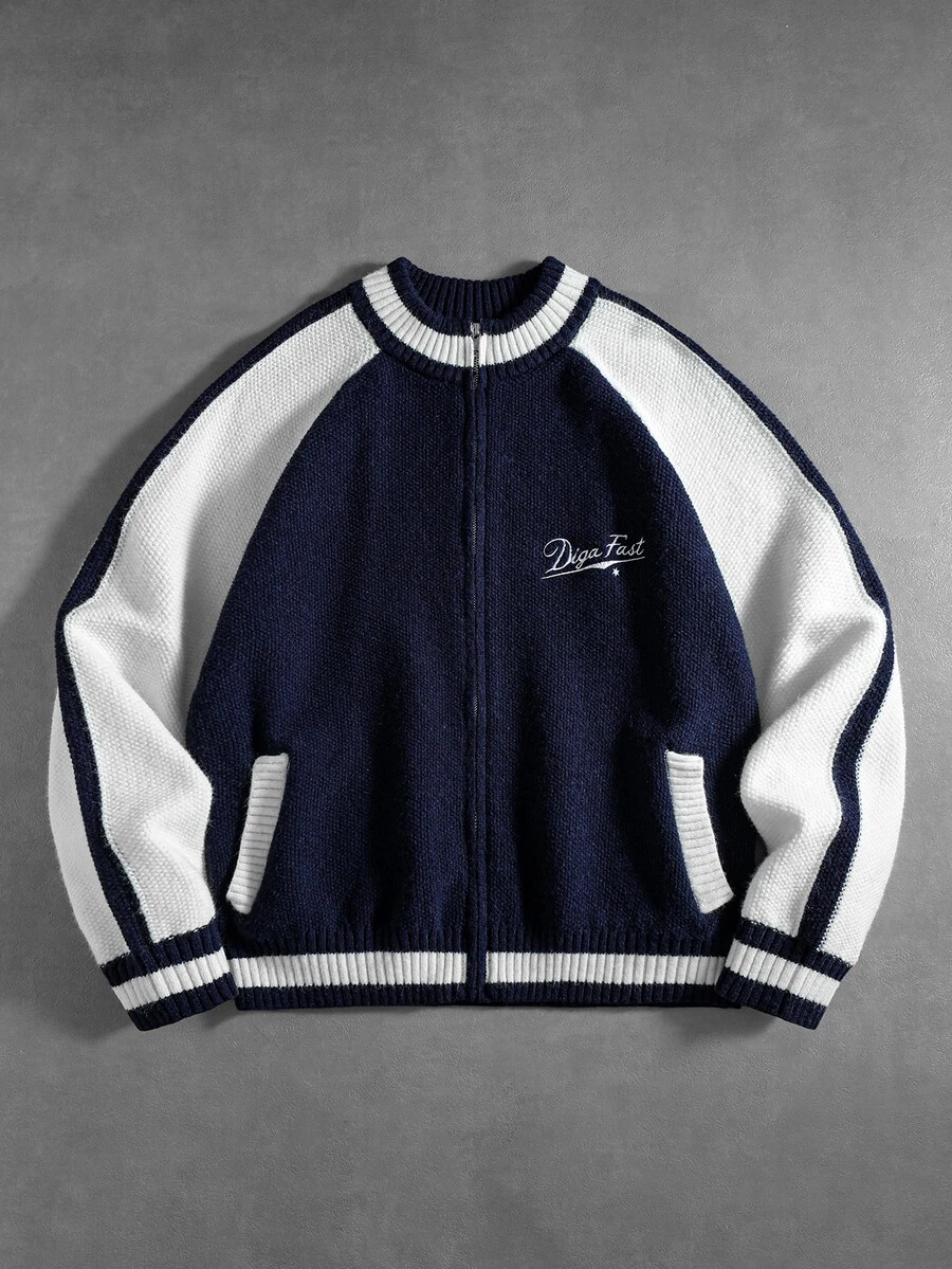 ROMWE MEN Men's Fashion Embroidered Zipper Contrast Color Long Sleeve Sweater - Blue and White - View 1