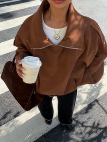 Muchica Women's Street Fashion High Neck Zip-Up Long Sleeve Jacket - Brown - View 5