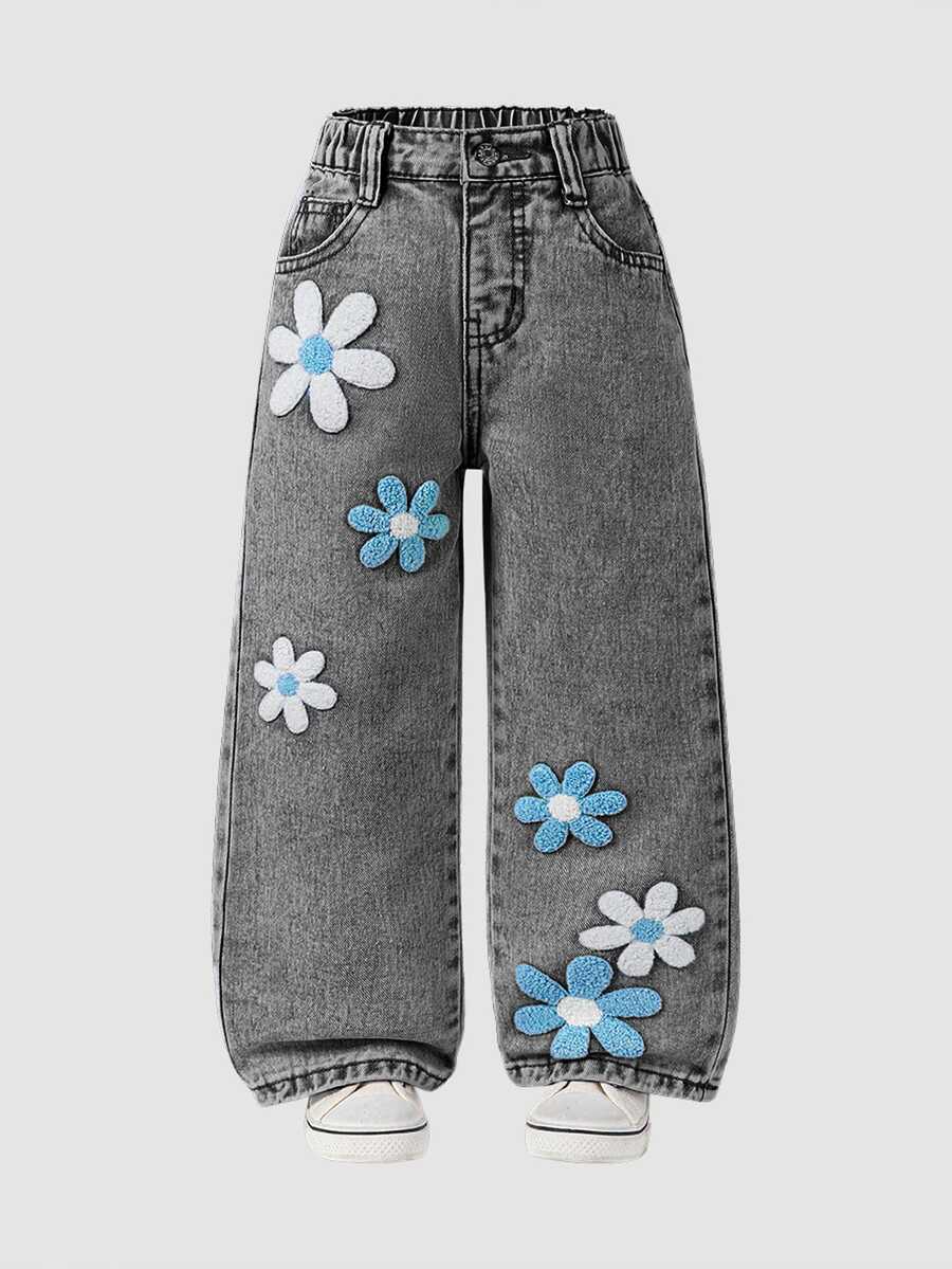 Girls/Toddlers Fashion Snowflake Washed Distressed Embroidery Flare Pants - Light Grey - View 1