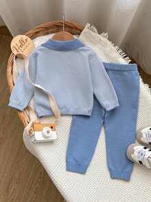 SHEIN 男嬰條紋拼色長袖毛衣與長褲套裝 - 藍色 - 查看 2