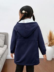女童秋冬可愛卡其色百搭休閒保暖內裡連帽外套 - 藍色 - 查看 2