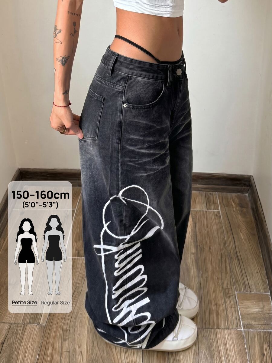SHEIN PETITE Celana Jeans Denim Kasual Wanita dengan Motif Huruf dan Kantong, Potongan Lebar - Hitam - View 1