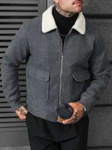 Manfinity CasualCool 男士成熟風深灰色毛領秋冬氛圍羊毛大衣，大口袋拉鍊休閒日常經典款 - 淺灰色 - 查看 3