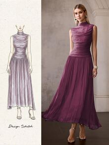 MOTF PREMIUM FRENCH STYLE SLEEVELESS HIGH NECK RUCHED CINCHED WAIST LONG DRESS FOR WOMEN - Red Violet - View 1
