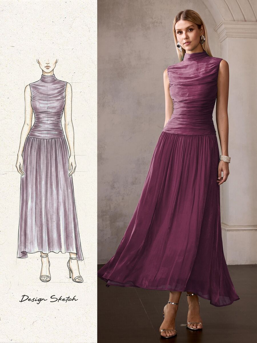 MOTF PREMIUM FRENCH STYLE SLEEVELESS HIGH NECK RUCHED CINCHED WAIST LONG DRESS FOR WOMEN - Red Violet - View 1