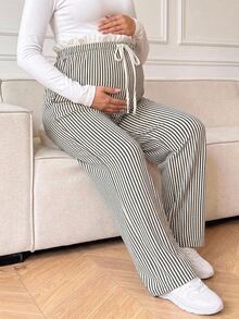 DAZY Celana Panjang Lurus Longgar dengan Motif Garis-Garis Kontras dan Tali Pengikat, Gaya Korea, Kasual untuk Sehari-hari, Liburan, Musim Semi, Musim Gugur, dan Ibu Hamil. - Khaki - View 8