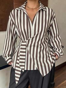 Dazy Plus Solid Color Lapel Half-Open Front Hem Tie White Long Sleeve Shirt Plus Size Women Spring Autumn - Khaki - View 3