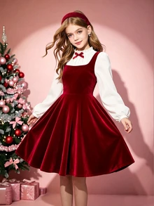 SHEIN ChillGRL Streecool 青少年女孩休閒可愛優雅大學風純色拼接長袖休閒短洋裝 派對穿搭 白色酒紅色 秋季 - 酒紅色 - 查看 1