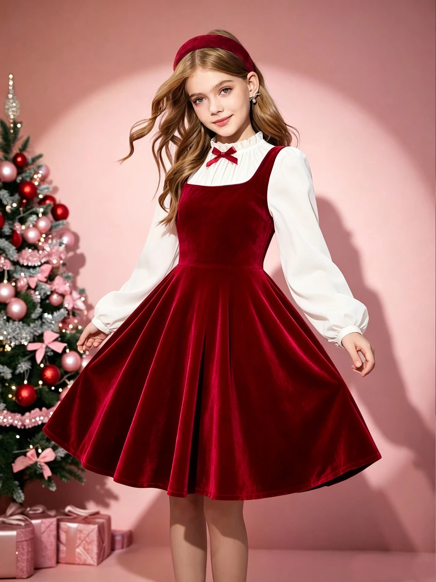 SHEIN ChillGRL Streecool 青少年女孩休閒可愛優雅大學風純色拼接長袖休閒短洋裝 派對穿搭 白色酒紅色 秋季 - 酒紅色 - 查看 1