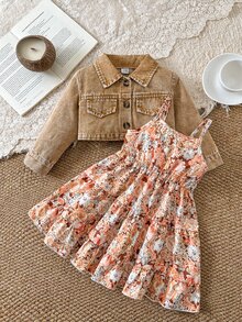 SHEIN Vintaside Kids 女嬰花卉印花細肩帶洋裝搭配鈕扣長袖牛仔外套套裝 - 卡其色 - 查看 1