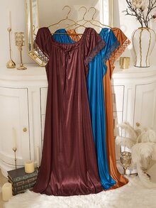 MuseNap CURVE Solid Color 3 Pieces Plus Size Women's Contrast Lace Front Tie Nightgown Set - Multicolor - View 7