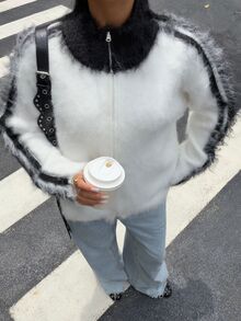 Muchica Minimalist Fashion Fuzzy Striped Knit Cardigan - Black and White - View 6