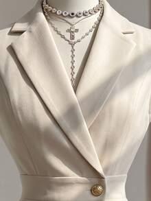 SHEIN Women's Sleeveless Blazer Jacket With Notched Lapel, Button Front, Metal Buttons, Cinched Waist, A-Line Hem, Decorative Pockets, Twill Textured Fabric - Apricot - View 3