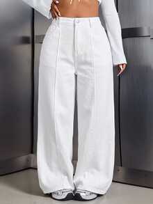 SHEIN Tall CURVE 大尺碼女款高腰寬腿鬆垮休閒百搭牛仔褲 - 白色 - 查看 1