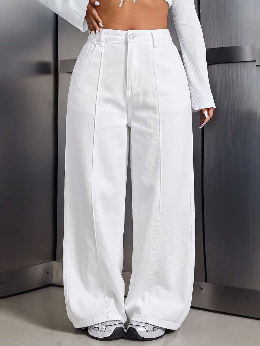 SHEIN Tall CURVE 大尺碼女款高腰寬腿鬆垮休閒百搭牛仔褲 - 白色 - 查看 1
