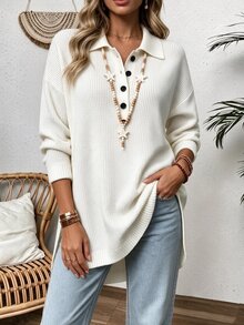 Breezaya Sweater Wanita Warna Polos Kasual Serbaguna untuk Harian Lengan Panjang Off White Musim Gugur untuk Brunch - Putih - View 3