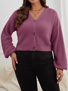 SHEIN Essnce 大尺碼極簡復古單排扣長袖針織開襟衫 - 紫色 - 查看 5