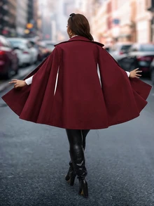 Reflora Plus Size Elegant Cape Sleeve Overcoat, Autumn/Winter - Burgundy - View 2