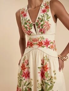 Travachic Printed V-Neck Women's Long Dress - Apricot - View 6