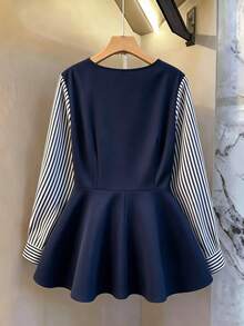 GlowEve CURVE Women's Spring/Summer Patchwork Striped 2 In 1 Ruffle Hem Long Sleeve Blouse, Mature Style For Commute/Work/Date/Outing - Navy Blue - View 2