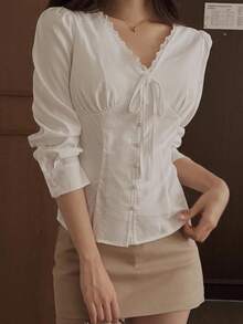DAZY 純色領口修身短袖白色女式襯衫 - 白色 - 查看 3