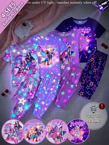 SHEIN 少女卡通印花短袖上衣與長褲休閒居家睡衣套裝 - 紫色 - 查看 1