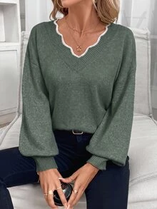 SHEIN Frenchy Women's Minimalist Versatile Colorblock Long Sleeve Sweater For Daily Commute - Green - View 4