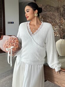 Dazy Plus Fuzzy Thick Contrast Lace Trim Beaded Decor Loose Long Sleeve Elegant Spring/Autumn Pullover Sweatshirt - Beige - View 1
