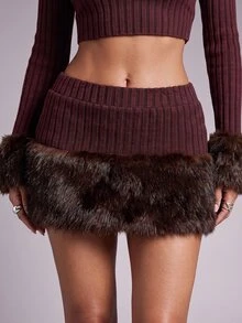 Nooralise Rok Rajut Bergaris Model Jalanan Modis Gaya Y2K dengan Hiasan Bulu Imitasi di Bagian Bawahnya - Coffee Brown - View 4