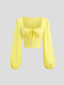 Sweetra Women's Yellow 2 Pieces Set, Featuring Ruffled Square Neck, Puff Long Sleeves, Front Tie, Ruched Top And Flowy Mini Skirt, Suitable For Beach Vacation And Club Wear - Yellow - View 1