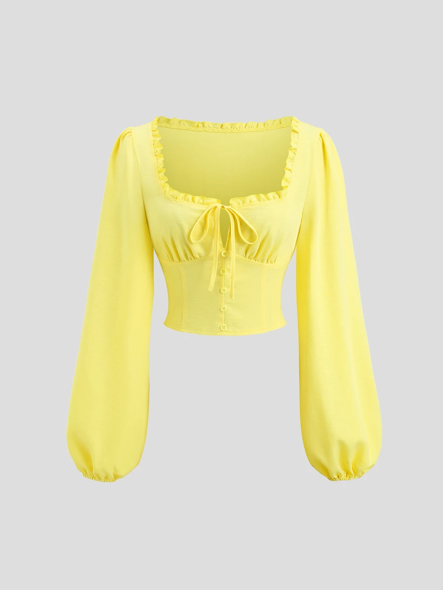 Sweetra Women's Yellow 2 Pieces Set, Featuring Ruffled Square Neck, Puff Long Sleeves, Front Tie, Ruched Top And Flowy Mini Skirt, Suitable For Beach Vacation And Club Wear - Yellow - View 1