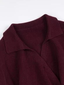SHEIN Franclia Women's Basic Minimalist Fashion Commute Polo Collar Asymmetrical Hem Sweater 2 Pieces Set - Burgundy - View 4