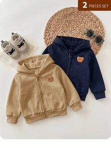 SHEIN 2件組嬰兒男孩女孩秋冬可愛百搭簡約純色連帽外套大衣 灰色連帽衫黑色連帽衫套裝 適合秋冬 - 彩色 - 查看 9