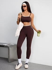 Dewbera Dewbera 1 Set Coffee Brown Double Spaghetti Strap Sports Set, Adjustable Cross Back Bra, Ribbed High Waist Leggings, Slim Fit, For Yoga Fitness Daily Summer - Coffee Brown - View 4