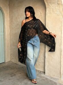 Rustia Plus Size Women's Asymmetric Neck Top, Autumn/Winter, Sexy Party Date Banquet Blouse - Black - View 4