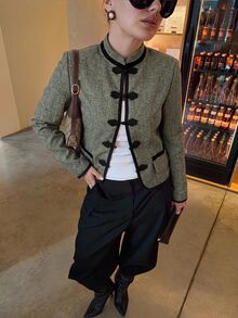 Siren Gaze 秋冬新款復古優雅宮廷風女款短夾克 辦公室穿搭 橄欖綠 - 綠色 - 查看 9
