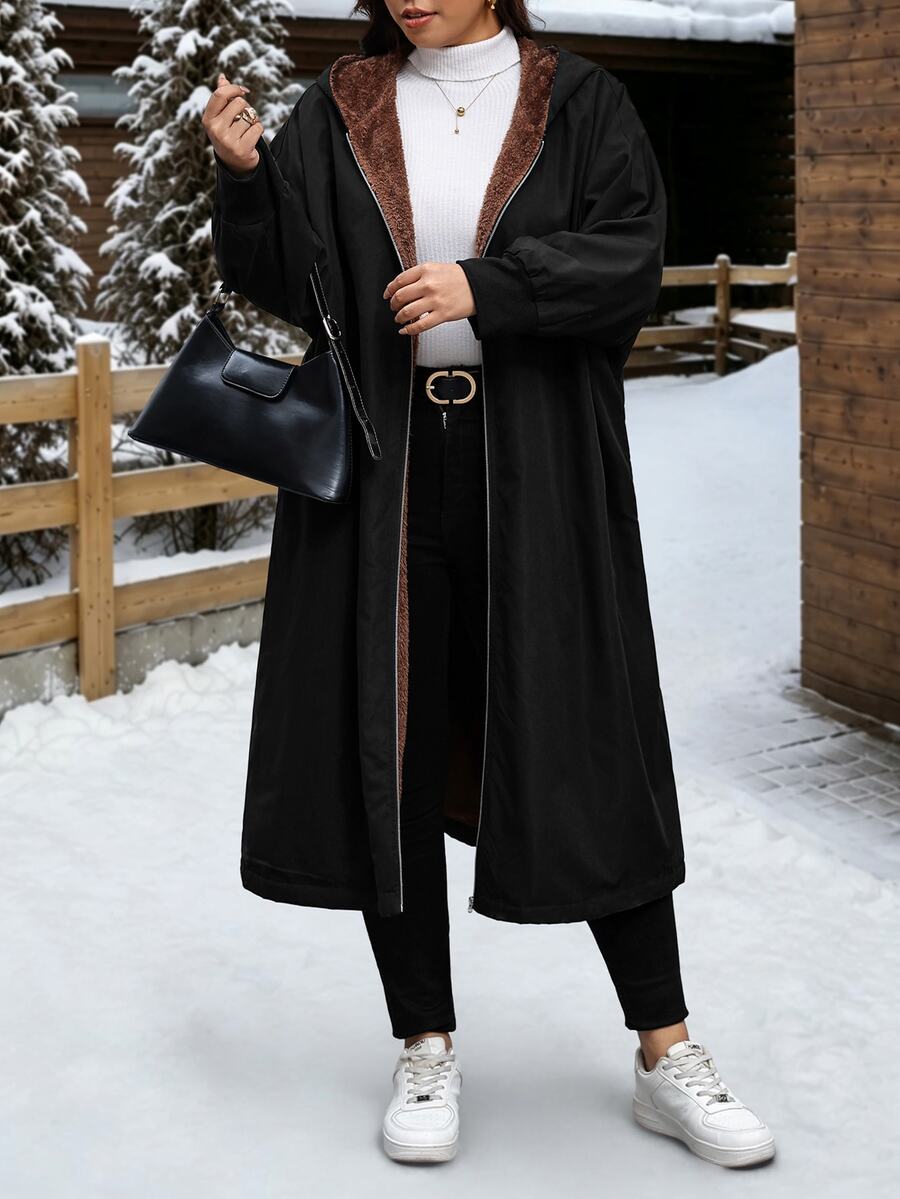 SHEIN Clasi 大尺碼秋冬保暖內裡連帽長版外套 - 黑色 - 查看 1