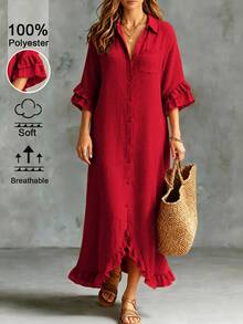 Linhara CURVE Plus Size Women's Solid Color Pleated Casual Party Dress - Red - View 3