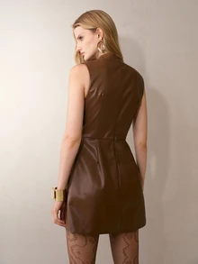 MOTF PREMIUM SLEEVELESS WAIST-CINCHING EMBROIDERY PU LEATHER SHORT DRESS - Brown - View 5