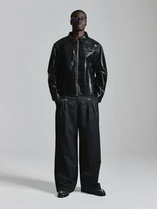 Musero Chaqueta Oversize con Hombros Caídos en PU Tejido con Cierre de Cremallera, Esencial de Otoño e Invierno - Negro - Ver 3