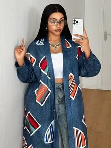 Maweii Plus Size Women's Sexy Long Open Front Kimono Style Geometric Striped Print Denim Effect Digital Print Lantern Sleeve Loose Extra Long Cover-Up Jacket - Multicolor - View 3
