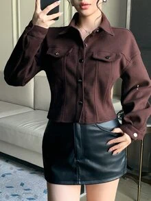 DAZY Women's Deep Brown Wool Blend Short Jacket, Loose Casual Streetwear Commuter Style With Turn-Down Collar And Large Pockets, Autumn/Winter - Brown - View 7