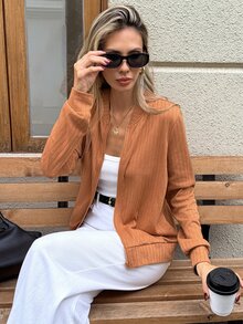 SHEIN LUNE 休閒女款秋冬棉質長袖夾克 - 棕色 - 查看 5