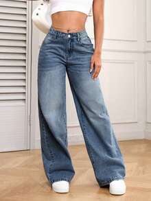 SHEIN PETITE Casual Washed Straight Leg Denim Jeans - Medium Wash - View 6