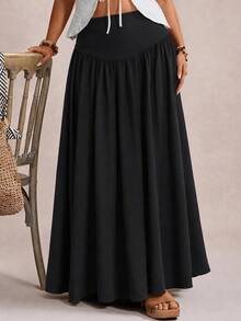 Freevana Plus Size Women's Casual Smart Vintage Minimalist Long Skirt Fall Travel Homewear Black - Black - View 5